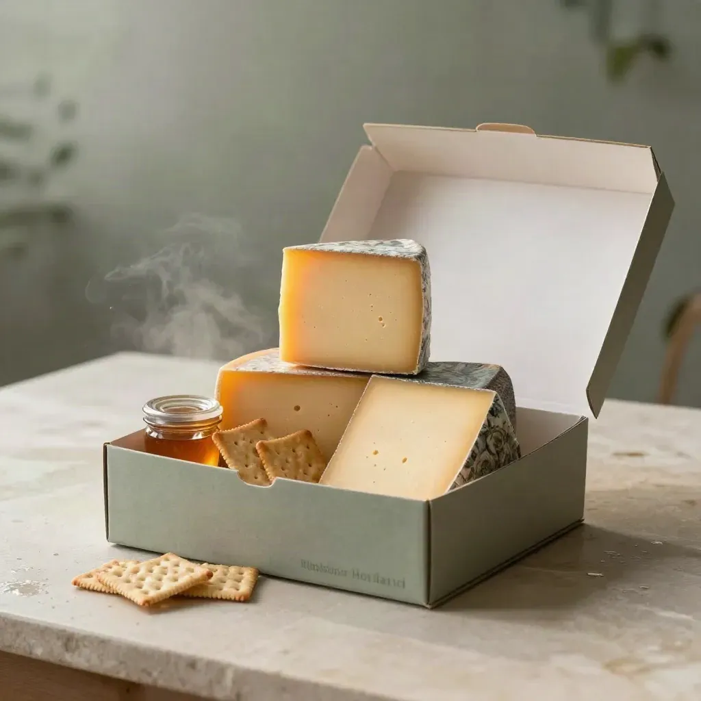 Open proefbox met vier kazen, crackers en chutney op een lichte, vochtige ochtend.