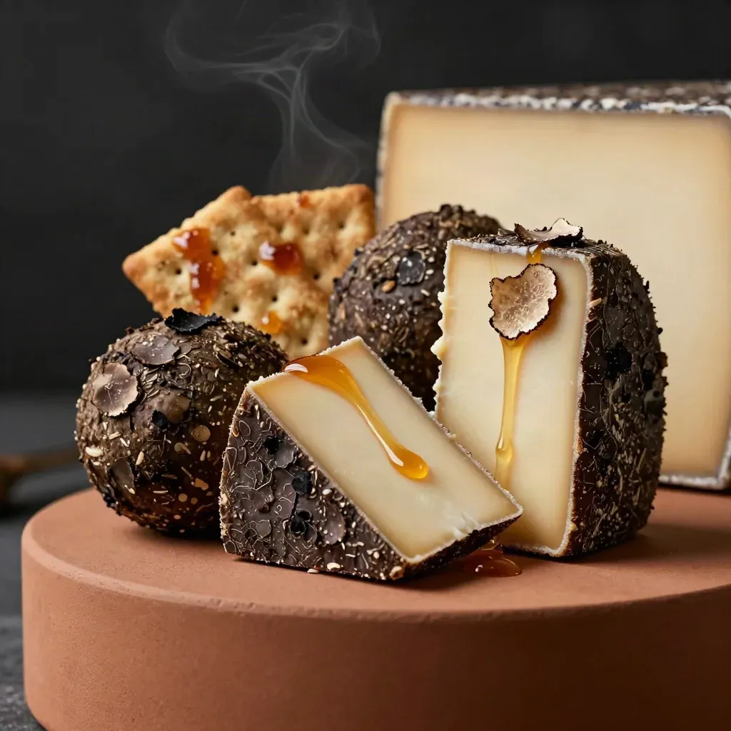 Truffel-en-honing kaasbox met drie kazen, honingdraad en truffelschaafsel.