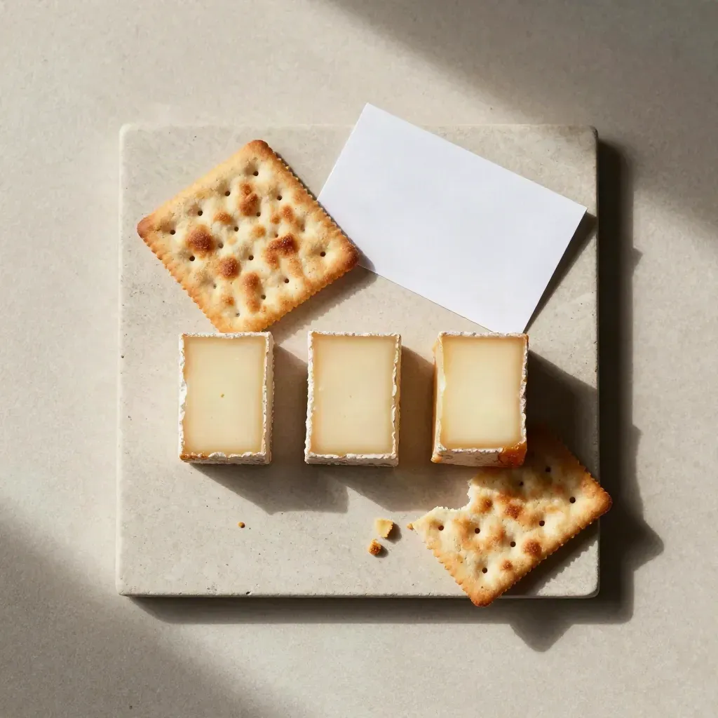 Bovenaanzicht van een mini proefbox met drie kaasstukjes en twee crackers op steen.